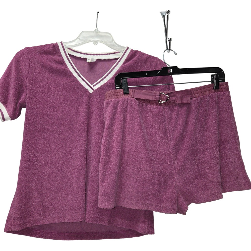 Vintage 70s Terry Cloth Short Set Plum Purple V-Neck Striped Trim Retro H542